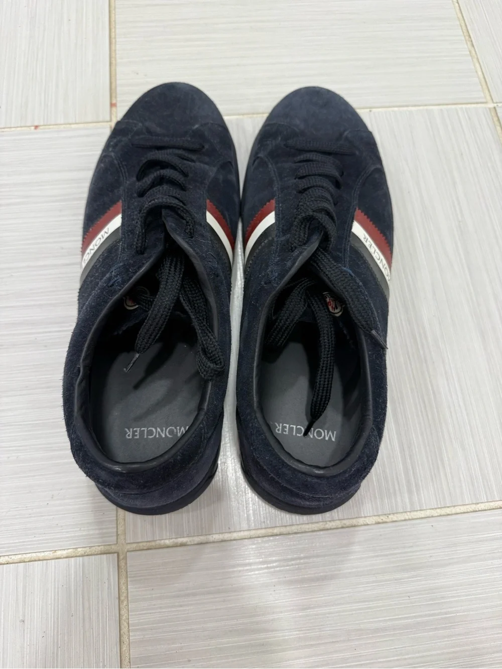 Moncler Navy Suede Sneakers with Tricolor Stripe